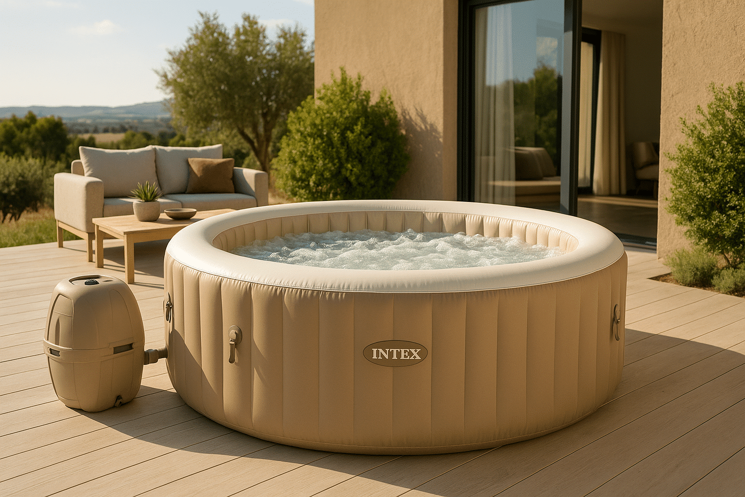 Spa gonflable beige installé sur une terrasse moderne avec canapé d’extérieur et vue sur la nature.