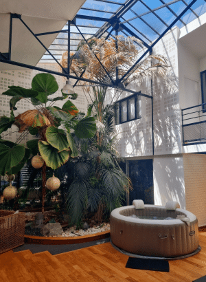 Spa gonflable installé dans un loft lumineux avec un décor de plantes tropicales sous verrière.