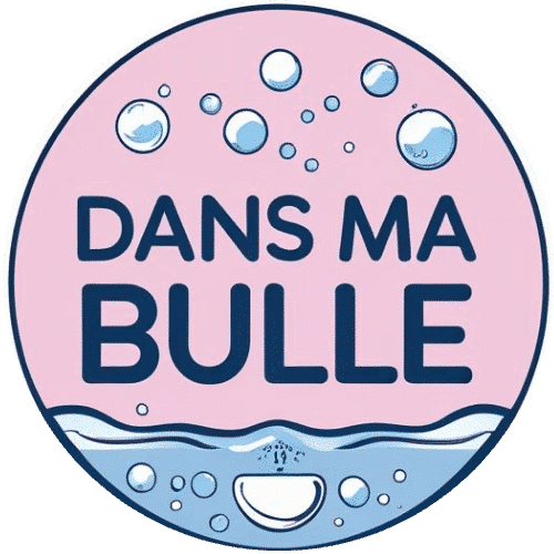 Logo circulaire Dans Ma Bulle avec bulles et couleurs rose et bleu.